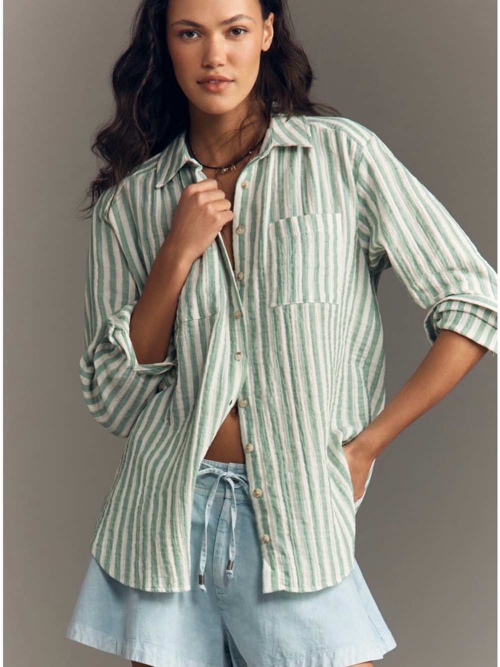 NWT Anthropologie Pilcro Hadley Green Stripe 100% Cotton Buttondown SZ XXS